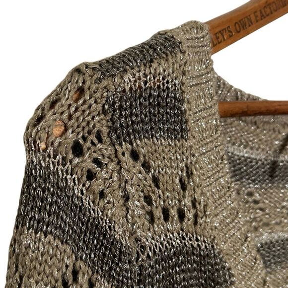 Guess Striped Wool Blend Open Knit Metallic V-Neck Sweater Taupe Gray Size Small - Picture 6 of 11